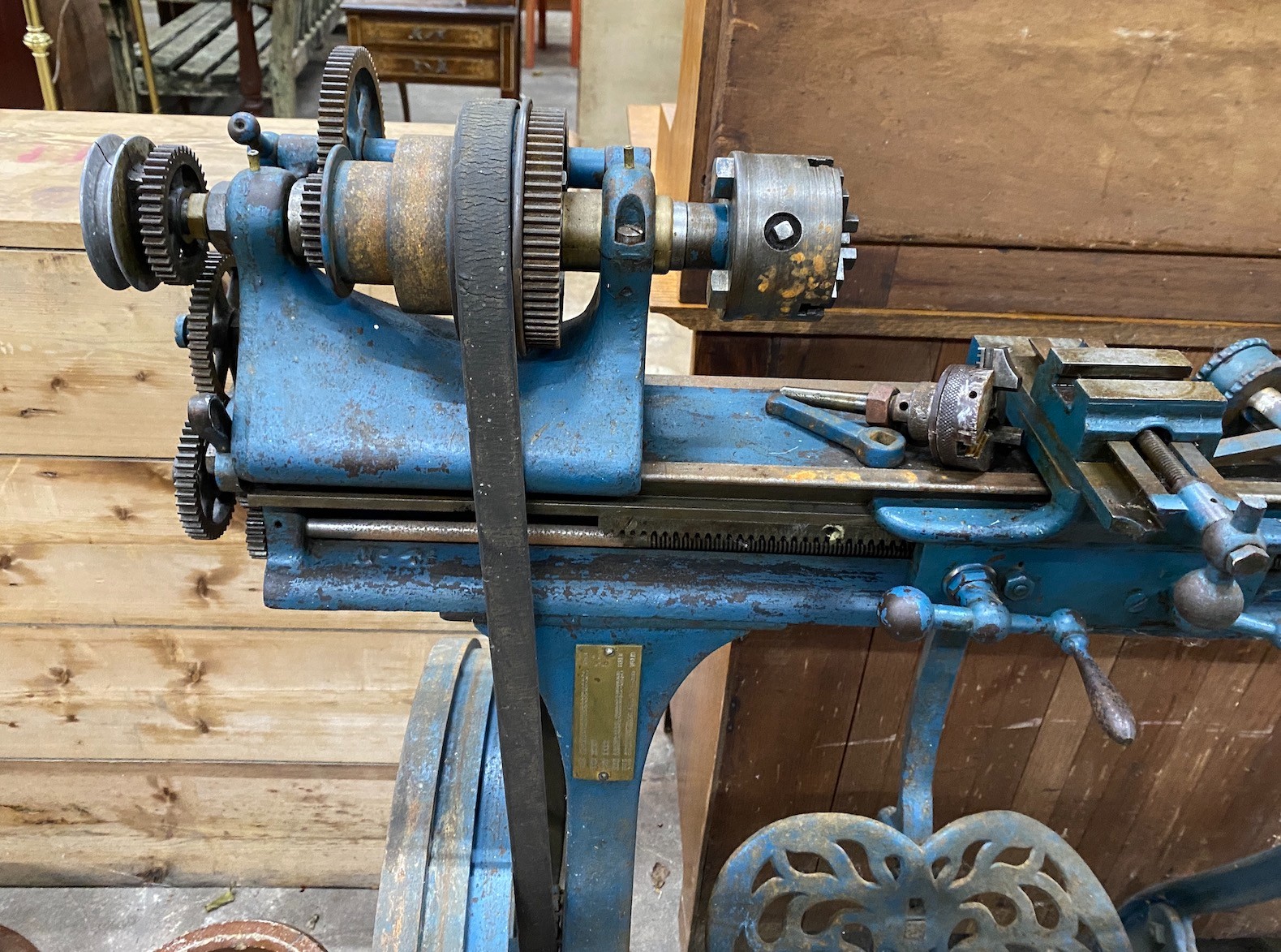 A Myford metalworkers lathe, with a three jaw chuck, width 108cm, height 116cm